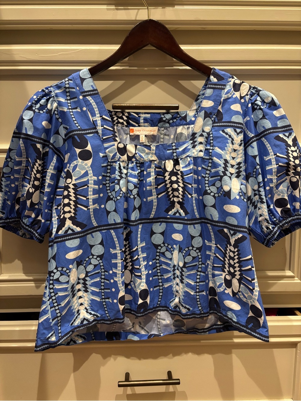 Jude Connally Blue Printed Square-Neck Puff Sleeve Top and Matching Shorts Set